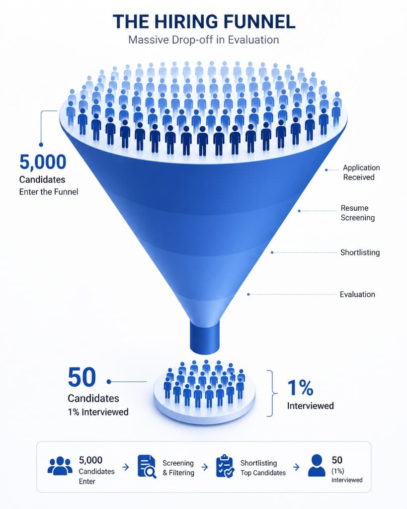 The hiring funnel: five thousand candidates enter and only one percent are interviewed at the bottom